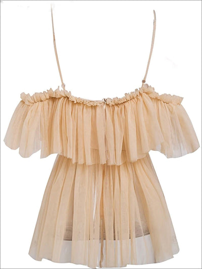 Womens Ruffled Cold Shoulder Peplum Mesh Blouse - Womens Tops