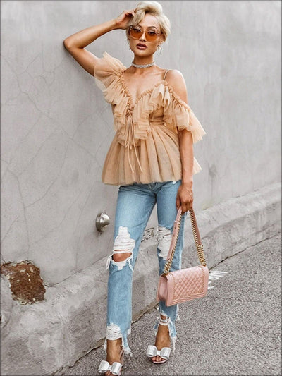 Womens Ruffled Cold Shoulder Peplum Mesh Blouse - Womens Tops