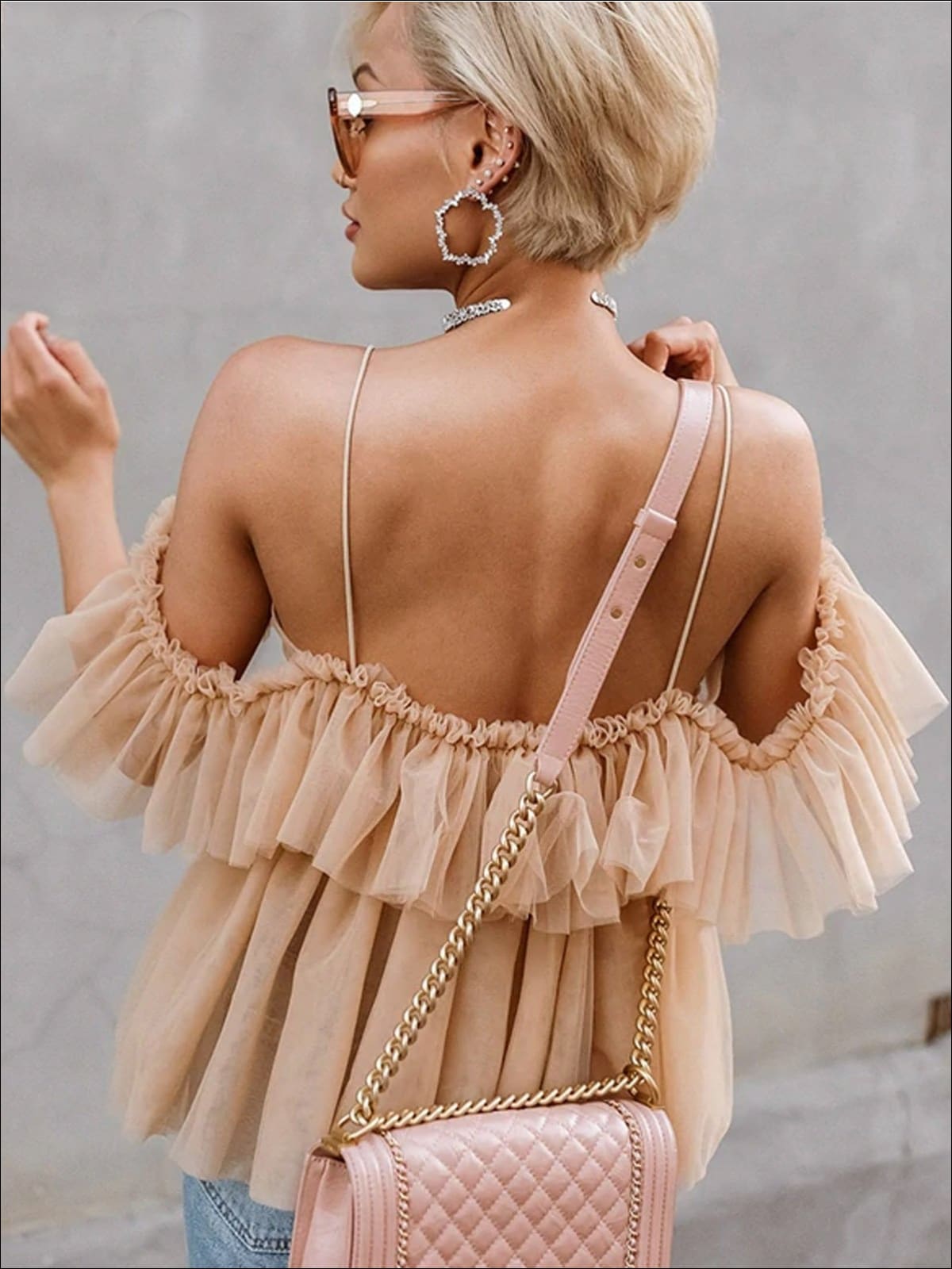 Womens Ruffled Cold Shoulder Peplum Mesh Blouse - Womens Tops