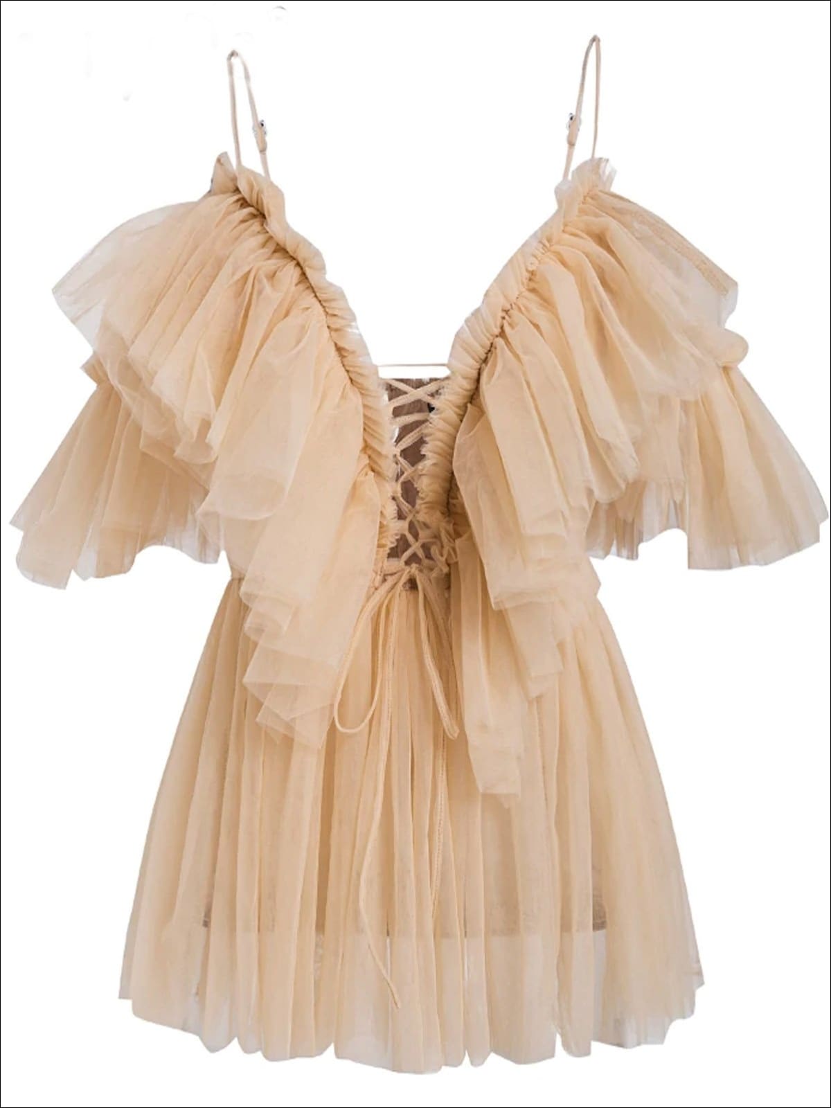 Womens Ruffled Cold Shoulder Peplum Mesh Blouse - Beige / S - Womens Tops