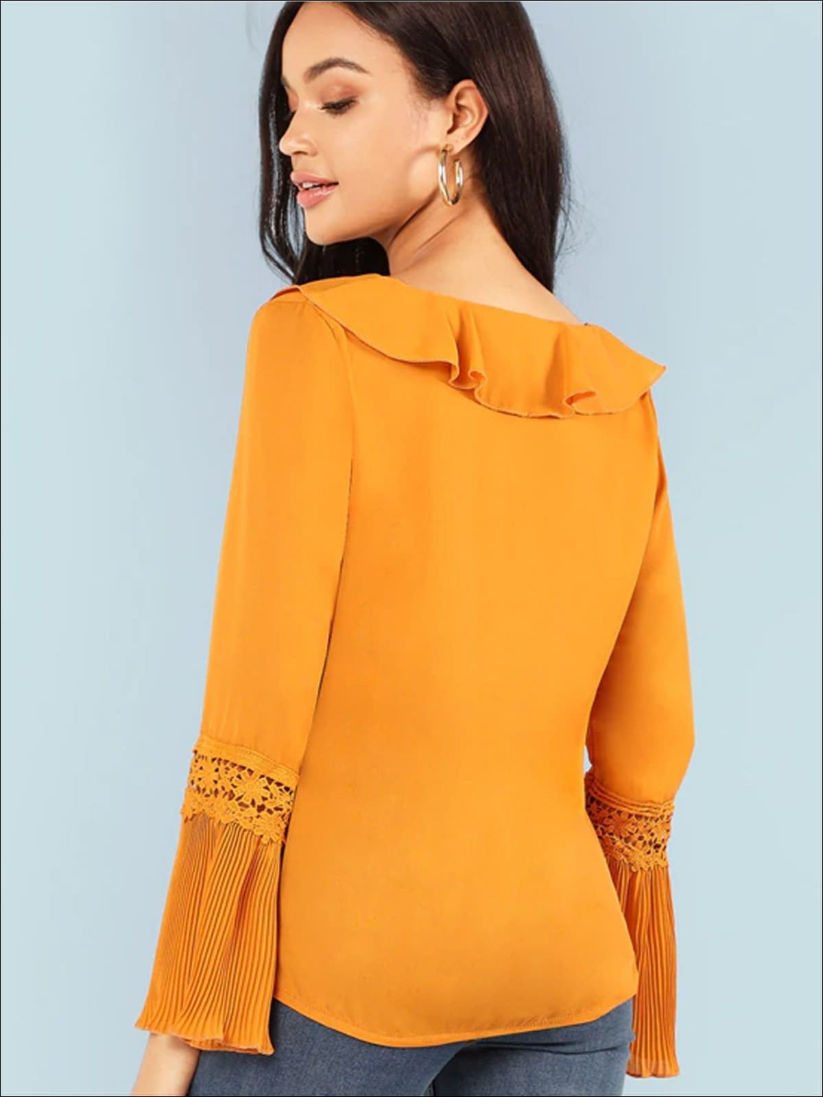 Womens Ruffled Collar Pleated Cuff Blouse - Womens Tops