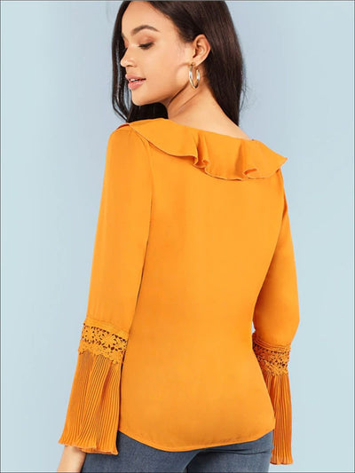 Womens Ruffled Collar Pleated Cuff Blouse - Womens Tops