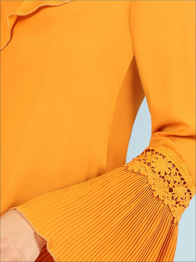 Womens Ruffled Collar Pleated Cuff Blouse - Womens Tops