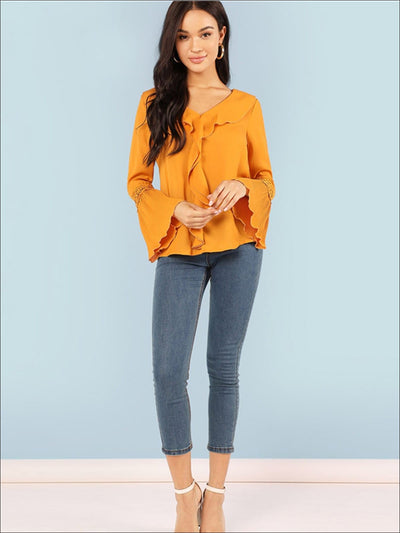 Womens Ruffled Collar Pleated Cuff Blouse - Womens Tops