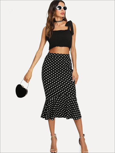 Womens Ruffled Hem Polka Dot Pencil Skirt - Womens Bottoms