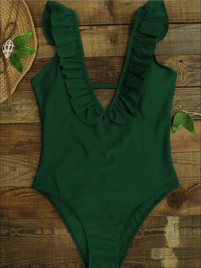 Womens Ruffled High Leg Cut Backless One Piece Swimsuit - Womens Swimsuit