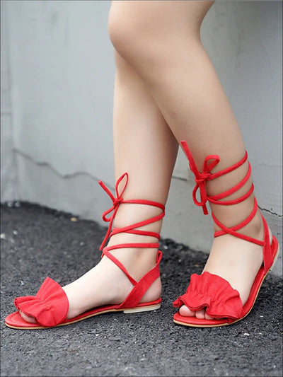 Womens Ruffled Lace Up Flat Sandals - Womens Sandals