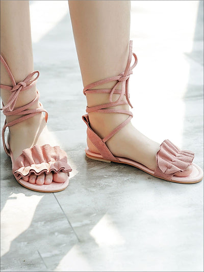 Womens Ruffled Lace Up Flat Sandals - Womens Sandals