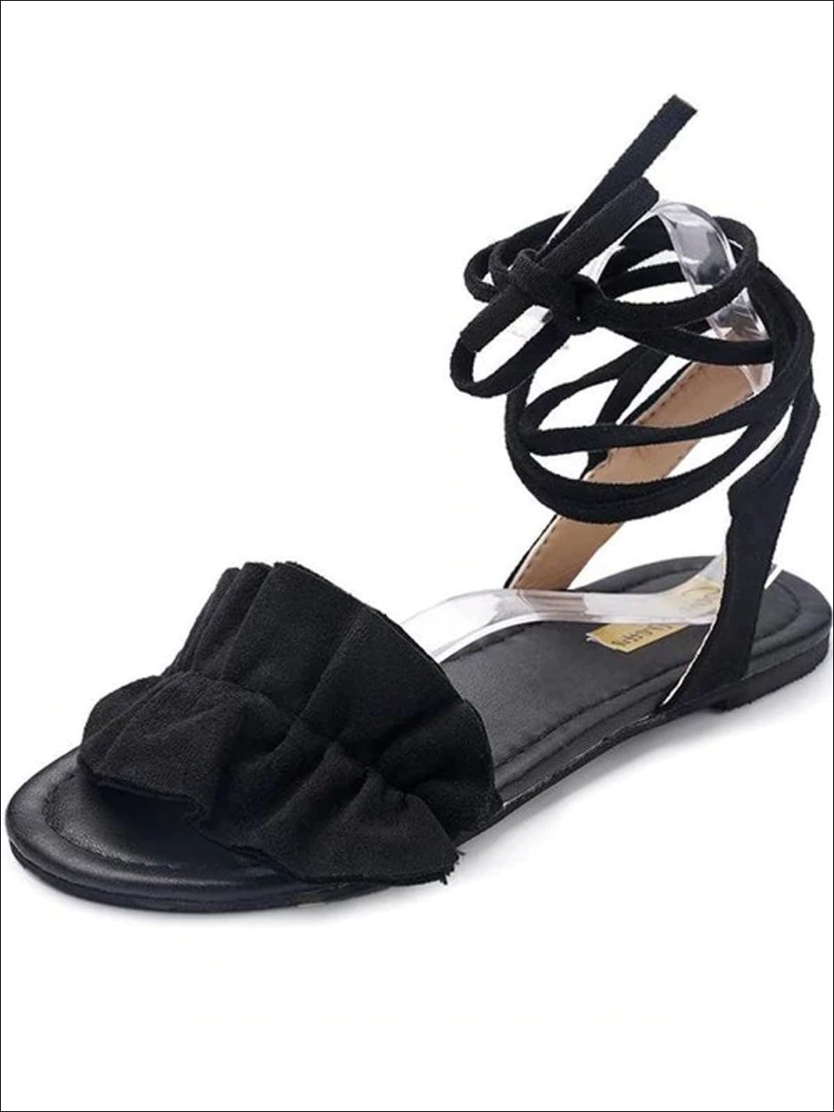Womens Ruffled Lace Up Flat Sandals - Black / 5 - Womens Sandals