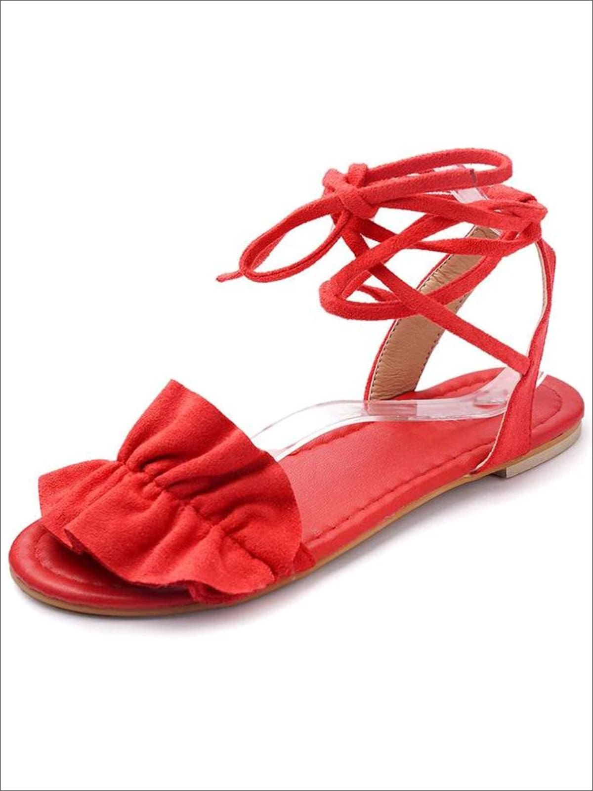 Womens Ruffled Lace Up Flat Sandals - Red / 5 - Womens Sandals