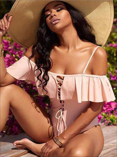 Womens Ruffled Off Shoulder Lace-Down One-Piece Swimsuit - Womens Swimsuit