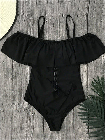 Womens Ruffled Off Shoulder Lace-Down One-Piece Swimsuit - Black / S - Womens Swimsuit