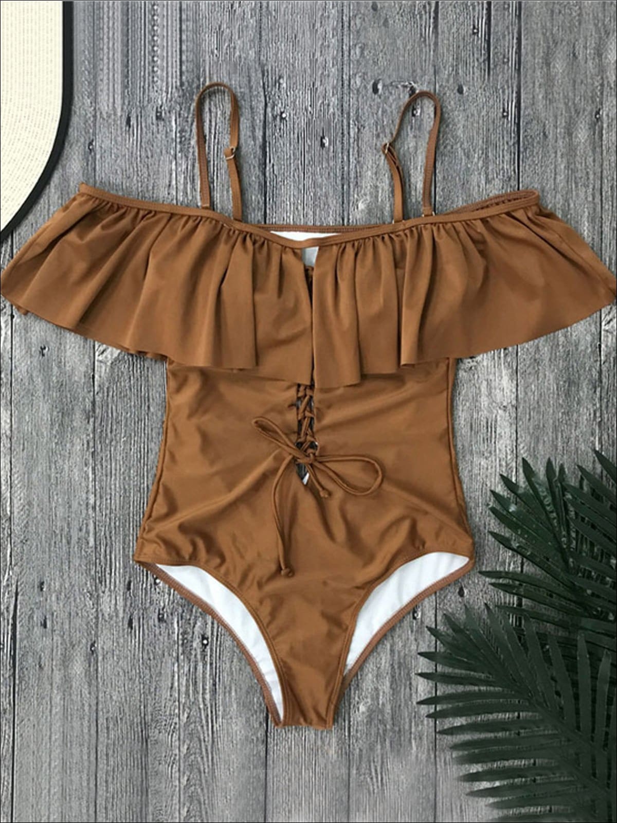 Womens Ruffled Off Shoulder Lace-Down One-Piece Swimsuit - Brown / S - Womens Swimsuit