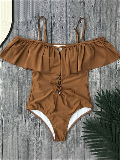 Womens Ruffled Off Shoulder Lace-Down One-Piece Swimsuit - Brown / S - Womens Swimsuit
