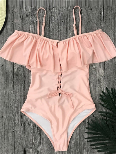 Womens Ruffled Off Shoulder Lace-Down One-Piece Swimsuit - Pink / S - Womens Swimsuit
