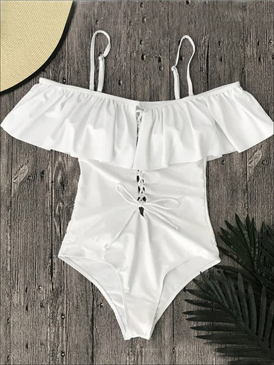 Womens Ruffled Off Shoulder Lace-Down One-Piece Swimsuit - White / S - Womens Swimsuit