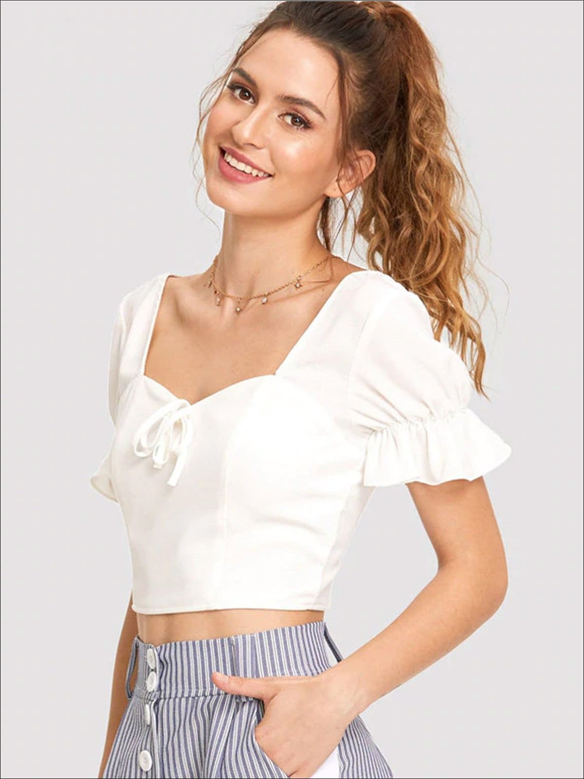 Womens Ruffled Sleeve Crop Top Blouse - Womens Tops