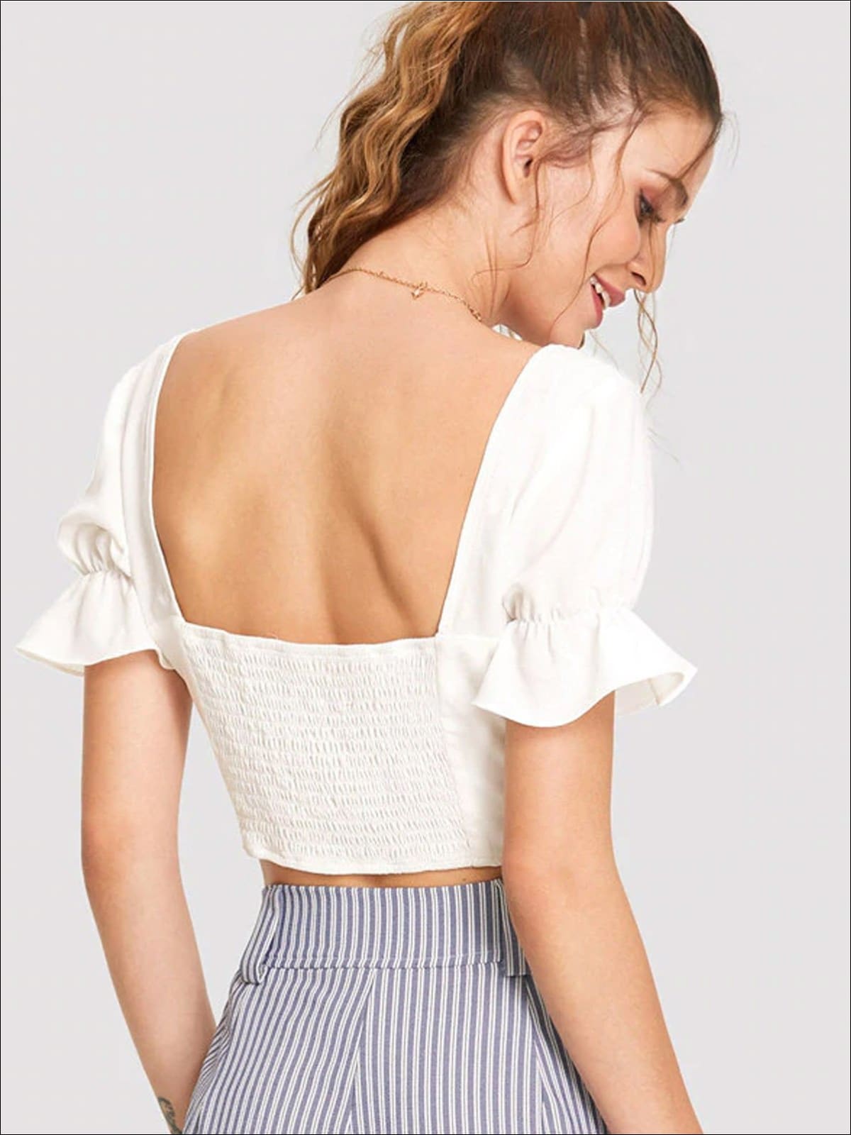 Womens Ruffled Sleeve Crop Top Blouse - Womens Tops