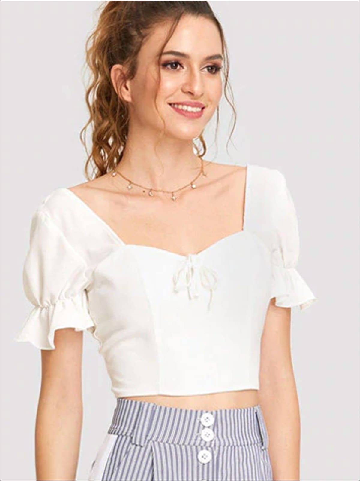 Womens Ruffled Sleeve Crop Top Blouse - White / XS - Womens Tops