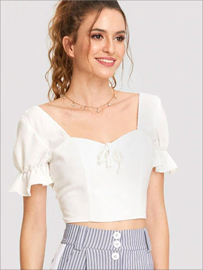 Womens Ruffled Sleeve Crop Top Blouse - White / XS - Womens Tops