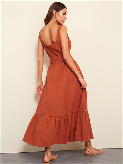 Womens Ruffled Sleeveless Buttoned Casual Maxi Dress - Womens Dresses