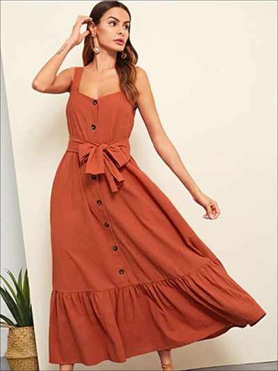 Womens Ruffled Sleeveless Buttoned Casual Maxi Dress - Womens Dresses