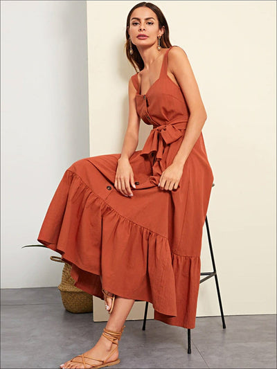 Womens Ruffled Sleeveless Buttoned Casual Maxi Dress - Womens Dresses