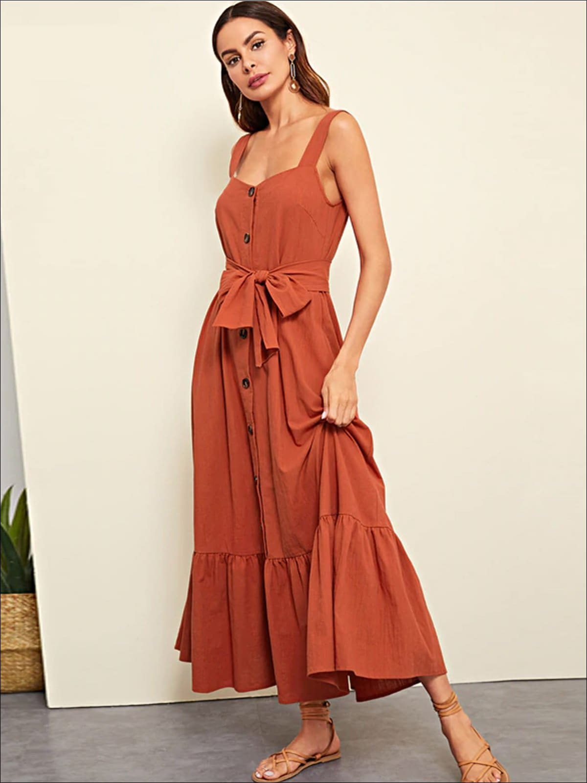 Womens Ruffled Sleeveless Buttoned Casual Maxi Dress - Womens Dresses