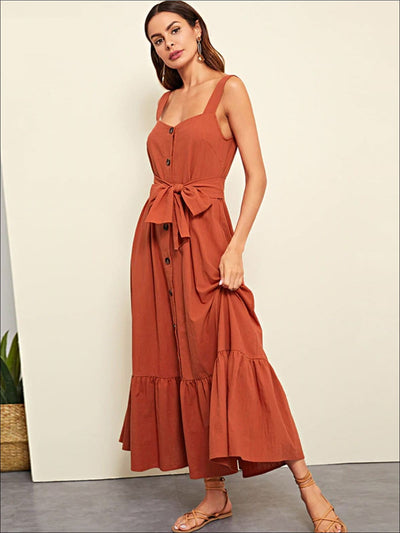 Womens Ruffled Sleeveless Buttoned Casual Maxi Dress - Womens Dresses