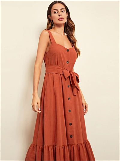 Womens Ruffled Sleeveless Buttoned Casual Maxi Dress - Womens Dresses