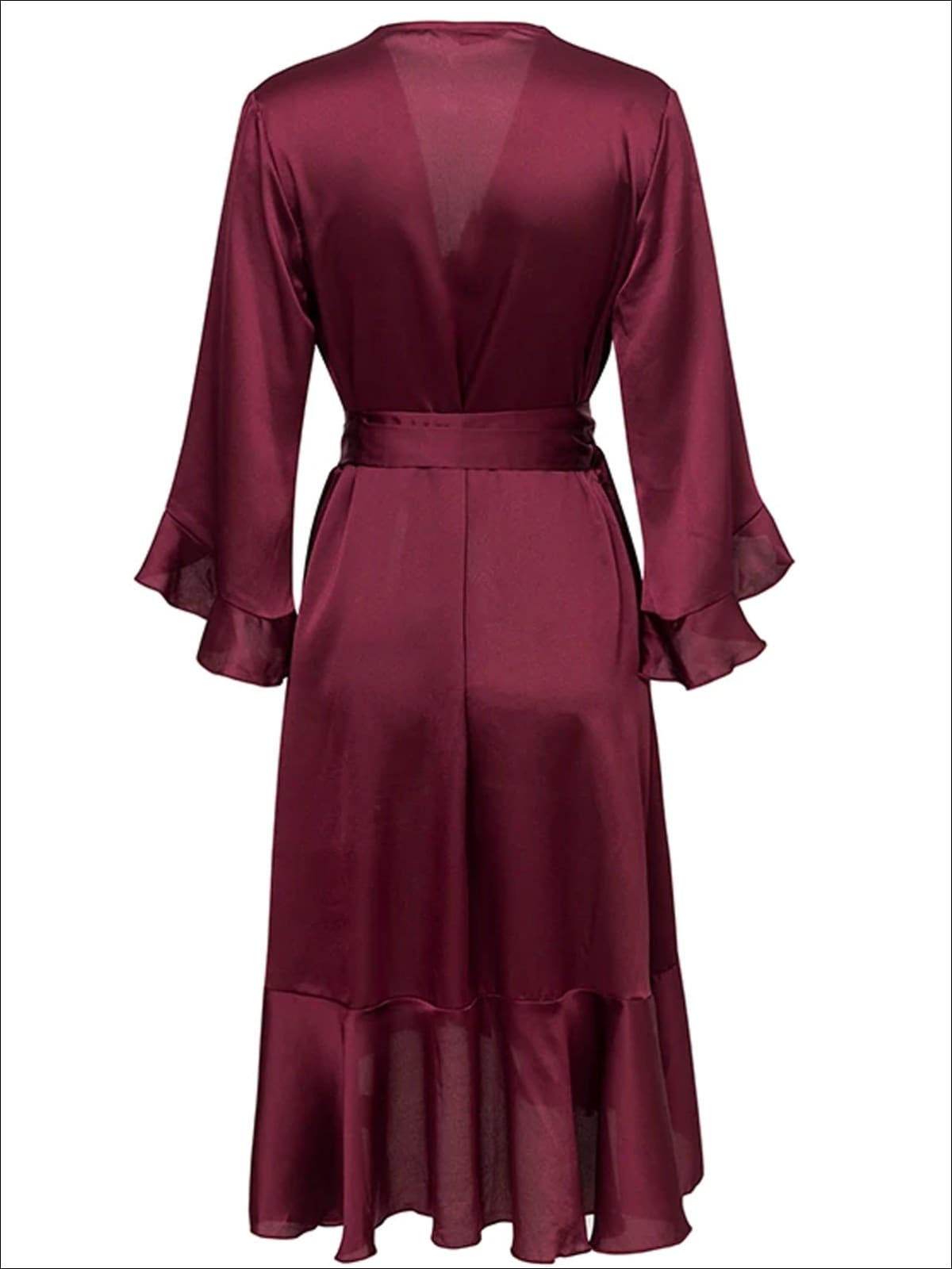 Womens Satin Flare Ruffled Sleeve Sash Wrap Dress - Womens Dresses