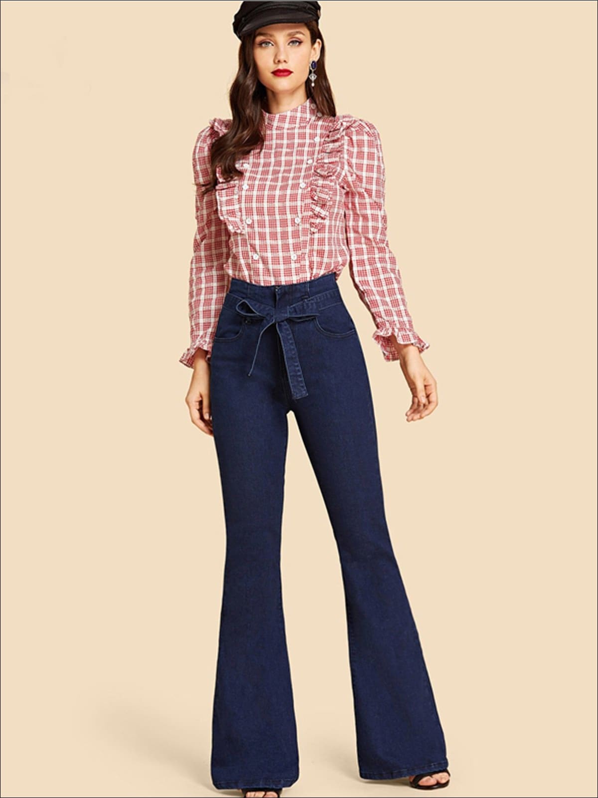 Womens Self Tie Flare Leg Denim Pants - Womens Bottoms