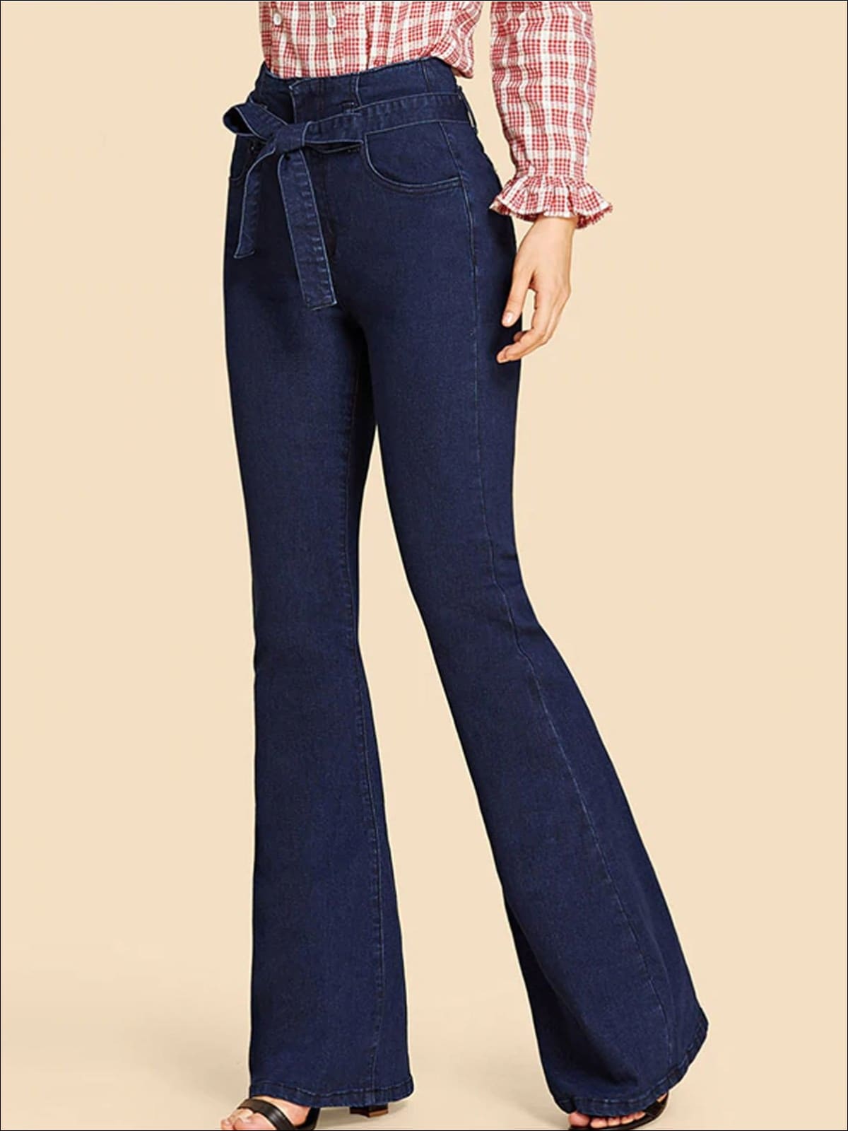 Womens Self Tie Flare Leg Denim Pants - Womens Bottoms