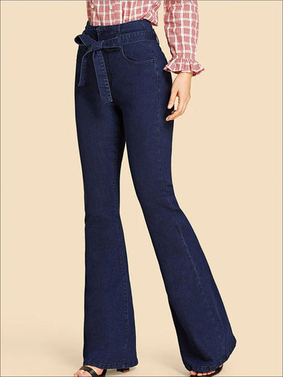 Womens Self Tie Flare Leg Denim Pants - Womens Bottoms