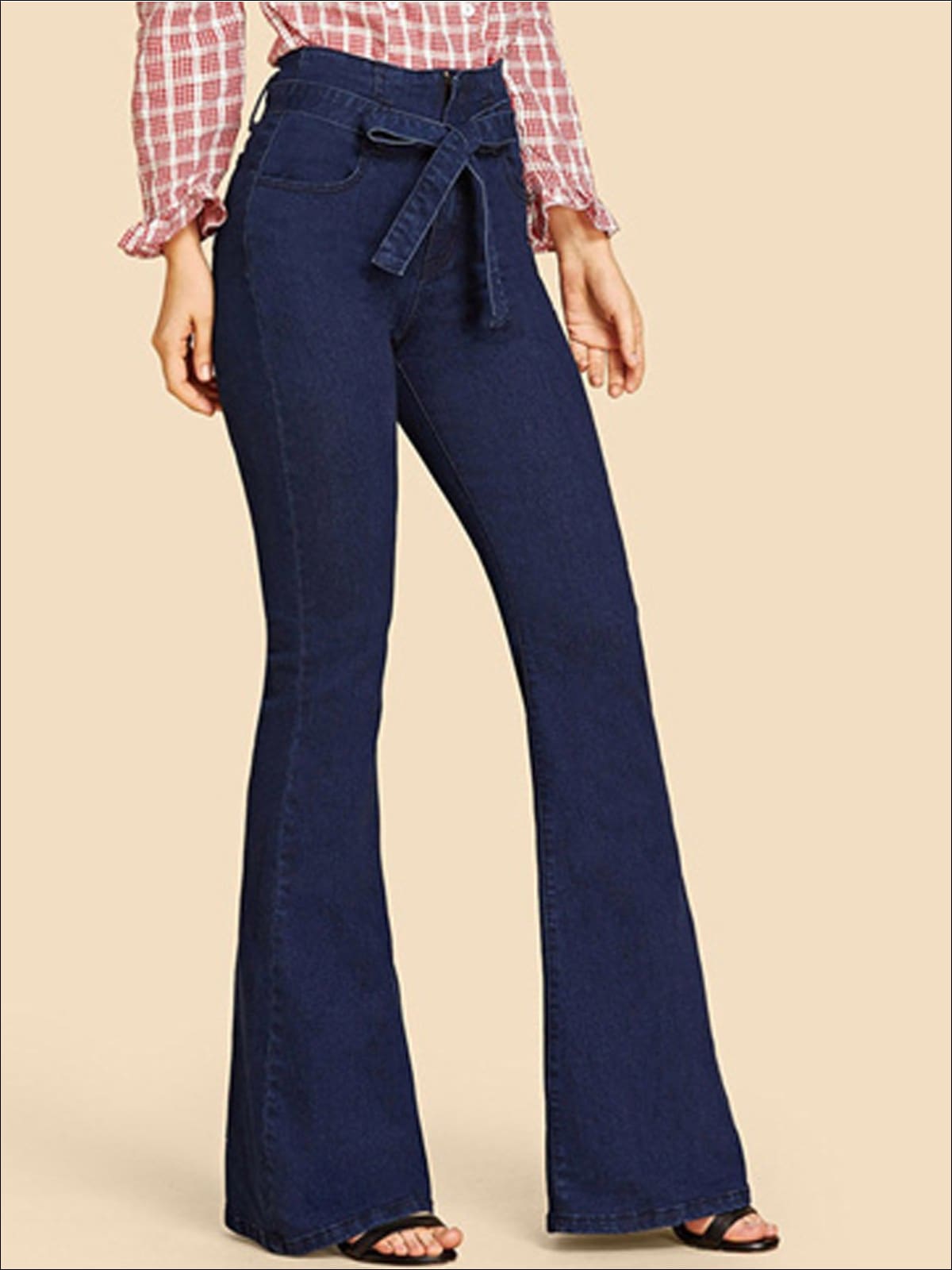 Womens Self Tie Flare Leg Denim Pants - Navy / S - Womens Bottoms
