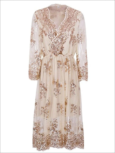Womens Sequin Embellished Elegant Mesh Dress - Beige / S - Womens Dresses