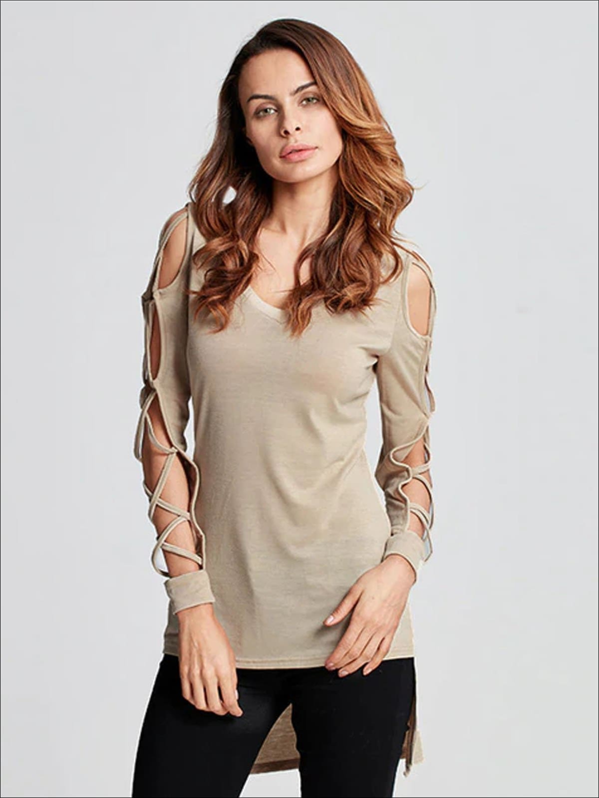 Womens Sexy Criss Cross Sleeve Hi-Lo Blouse - Beige / S - Womens Tops
