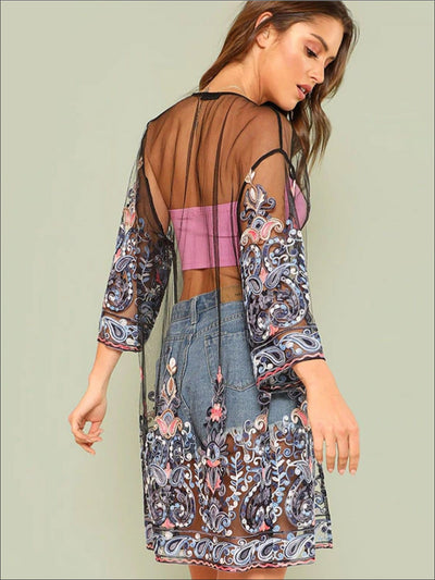 Womens Sheer Embroidered Paisley Kimono - Womens Outerwear