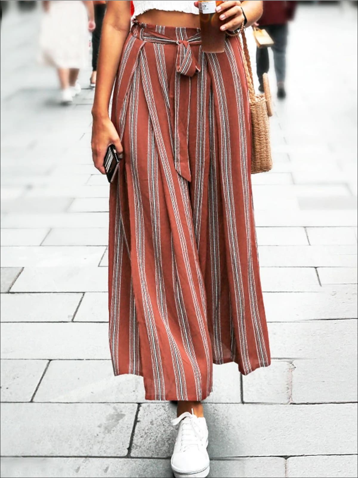 Womens Side Slit Self Tie Pleated Bohemian Loose Square Pants - Womens Bottoms