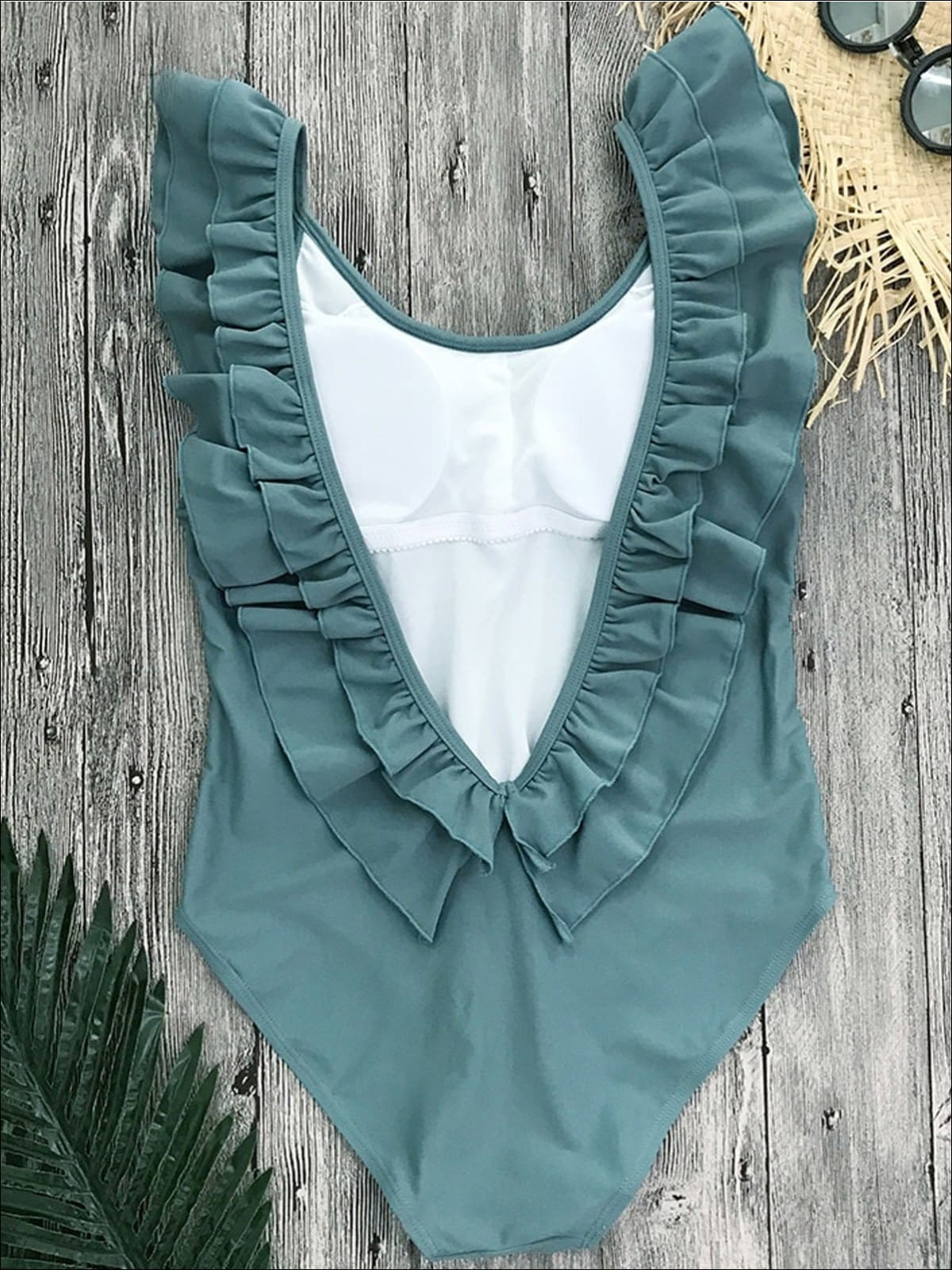 Womens Solid Double Ruffle V-Back One Piece Swimsuit - Womens Swimsuit