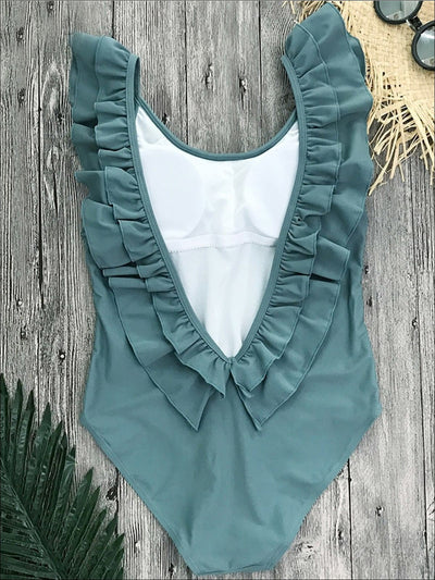 Womens Solid Double Ruffle V-Back One Piece Swimsuit - Womens Swimsuit