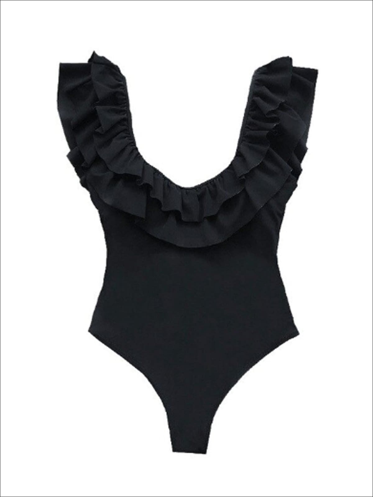 Womens Solid Double Ruffle V-Back One Piece Swimsuit - Black / S - Womens Swimsuits