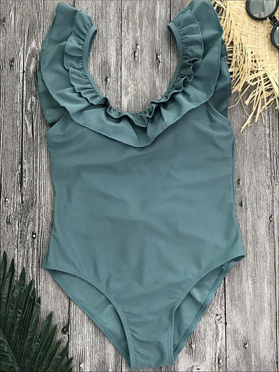 Womens Solid Double Ruffle V-Back One Piece Swimsuit - Grey / S - Womens Swimsuit