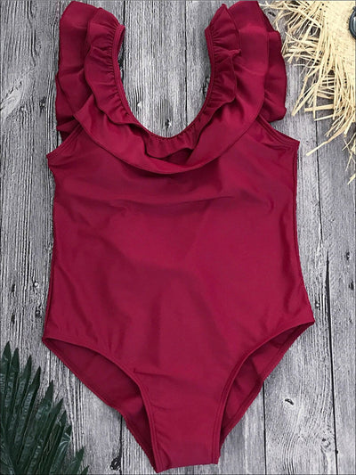 Womens Solid Double Ruffle V-Back One Piece Swimsuit - Red / S - Womens Swimsuit