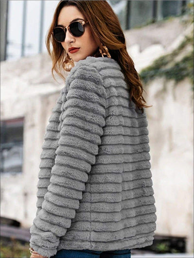 Womens Solid Grey Wrap Faux Fur Coat - Womens Fall Outerwear