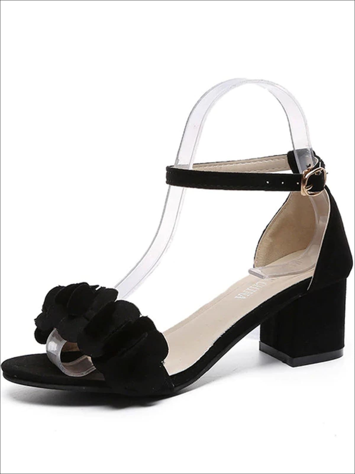 Womens Spring Flower Embellished Block Heel Sandals - Black / 4.5 - Womens Sandals