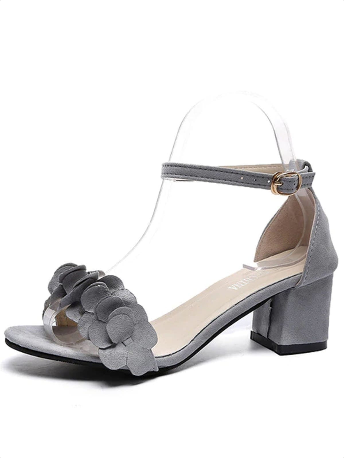 Womens Spring Flower Embellished Block Heel Sandals - Gray / 4.5 - Womens Sandals