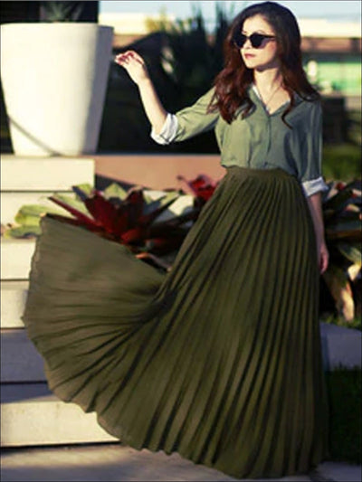 Womens Spring High Waist Pleated Maxi Skirt - Womens Bottoms