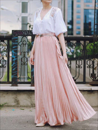Womens Spring High Waist Pleated Maxi Skirt - Womens Bottoms