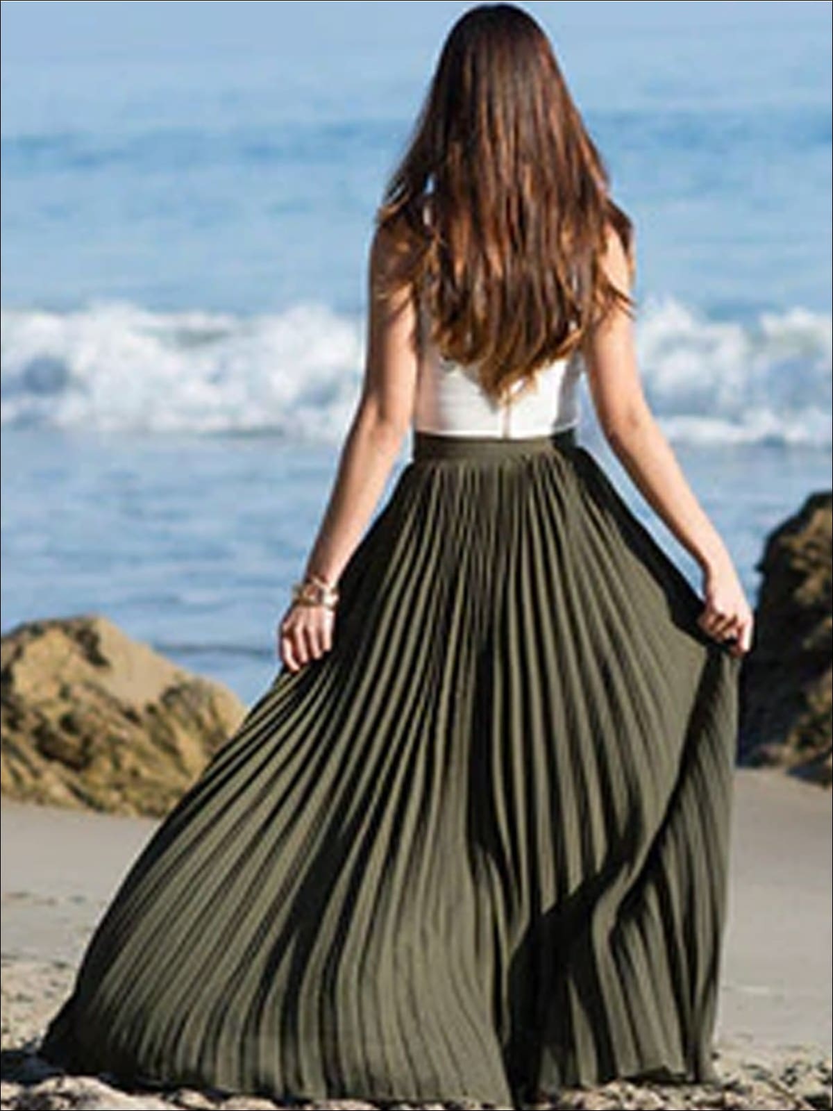 Womens Spring High Waist Pleated Maxi Skirt - Womens Bottoms